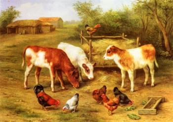 Edgar Hunt : Calves And Chickens Feeding In A Farmyard